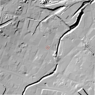 Shaded relief map of the ground around B55QA, computed from Environment Agency LiDAR. The ground here sits at about 102 m above sea level and falls 22 m across the surrounding 800 m. Surface water reaching this point runs off ground lying to the west-north-west, 17.0 m higher.