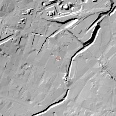 Shaded relief map of the ground around B55QB, computed from Environment Agency LiDAR. The ground here sits at about 102 m above sea level and falls 24 m across the surrounding 800 m. Surface water reaching this point runs off ground lying to the north, 3.3 m higher.