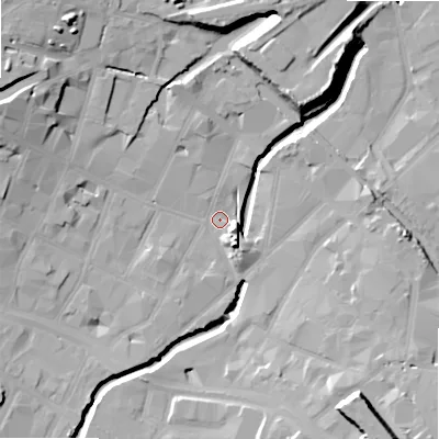 Shaded relief map of the ground around B55QD, computed from Environment Agency LiDAR. The ground here sits at about 102 m above sea level and falls 22 m across the surrounding 800 m. Surface water reaching this point runs off ground lying to the north-west, 17.4 m higher.