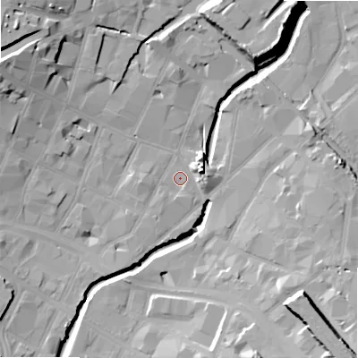 Shaded relief map of the ground around B55QF, computed from Environment Agency LiDAR. The ground here sits at about 102 m above sea level and falls 23 m across the surrounding 800 m. Surface water reaching this point runs off ground lying to the south, 1.5 m higher.