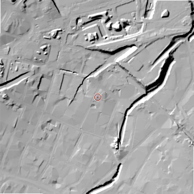 Shaded relief map of the ground around B55QH, computed from Environment Agency LiDAR. The ground here sits at about 104 m above sea level and falls 29 m across the surrounding 800 m. Surface water reaching this point runs off ground lying to the north-east, 1.9 m higher.