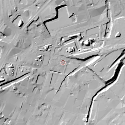 Shaded relief map of the ground around B55RG, computed from Environment Agency LiDAR. The ground here sits at about 106 m above sea level and falls 32 m across the surrounding 800 m. Surface water reaching this point runs off ground lying to the north-west, 2.3 m higher.