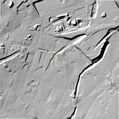 Shaded relief map of the ground around B55RR, computed from Environment Agency LiDAR. The ground here sits at about 104 m above sea level and falls 32 m across the surrounding 800 m. Surface water reaching this point runs off ground lying to the north-west, 25.2 m higher.