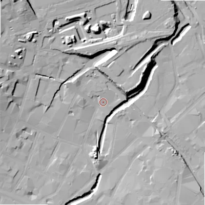Shaded relief map of the ground around B55RS, computed from Environment Agency LiDAR. The ground here sits at about 102 m above sea level and falls 24 m across the surrounding 800 m. Surface water reaching this point runs off ground lying to the east-north-east, 9.1 m higher.