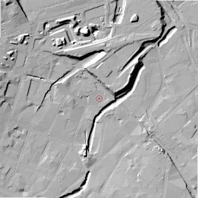Shaded relief map of the ground around B55RT, computed from Environment Agency LiDAR. The ground here sits at about 102 m above sea level and falls 24 m across the surrounding 800 m. Surface water reaching this point runs off ground lying to the north-east, 9.1 m higher.