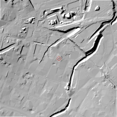 Shaded relief map of the ground around B55RX, computed from Environment Agency LiDAR. The ground here sits at about 104 m above sea level and falls 29 m across the surrounding 800 m. Surface water reaching this point runs off ground lying to the north-north-east, 1.9 m higher.