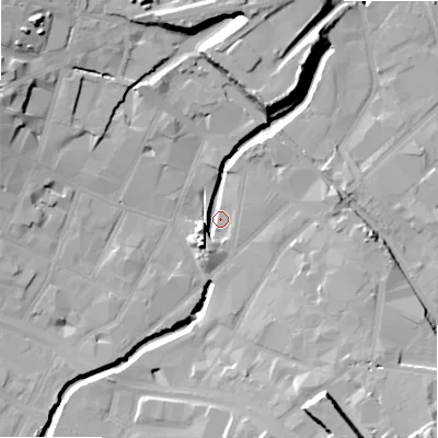 Shaded relief map of the ground around B55SA, computed from Environment Agency LiDAR. The ground here sits at about 101 m above sea level and falls 22 m across the surrounding 800 m. Surface water reaching this point runs off ground lying to the south-south-east, 13.1 m higher.