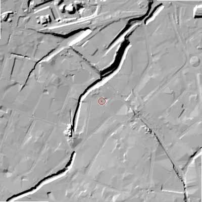Shaded relief map of the ground around B55SE, computed from Environment Agency LiDAR. The ground here sits at about 102 m above sea level and falls 20 m across the surrounding 800 m. Surface water reaching this point runs off ground lying to the south-south-east, 7.6 m higher.