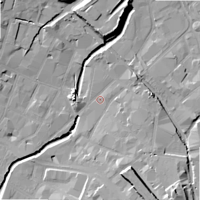 Shaded relief map of the ground around B55SL, computed from Environment Agency LiDAR. The ground here sits at about 102 m above sea level and falls 23 m across the surrounding 800 m. Surface water reaching this point runs off ground lying to the south-south-east, 8.6 m higher.