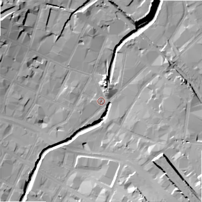 Shaded relief map of the ground around B55SR, computed from Environment Agency LiDAR. The ground here sits at about 103 m above sea level and falls 24 m across the surrounding 800 m. Surface water reaching this point runs off ground lying to the south-west, 2.0 m higher.