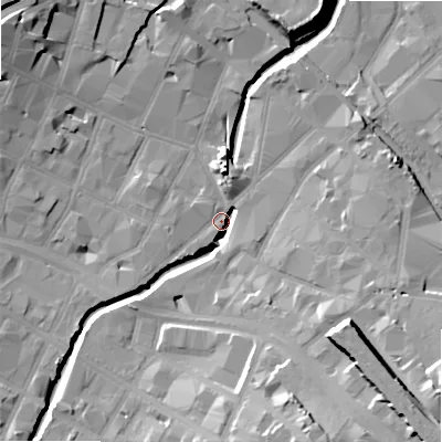 Shaded relief map of the ground around B55SS, computed from Environment Agency LiDAR. The ground here sits at about 102 m above sea level and falls 24 m across the surrounding 800 m. Surface water reaching this point runs off ground lying to the south-east, 6.7 m higher.