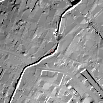 Shaded relief map of the ground around B55ST, computed from Environment Agency LiDAR. The ground here sits at about 102 m above sea level and falls 24 m across the surrounding 800 m. Surface water reaching this point runs off ground lying to the south-east, 22.8 m higher.