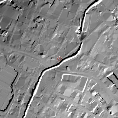 Shaded relief map of the ground around B55SU, computed from Environment Agency LiDAR. The ground here sits at about 103 m above sea level and falls 26 m across the surrounding 800 m. Surface water reaching this point runs off ground lying to the south-east, 25.6 m higher.