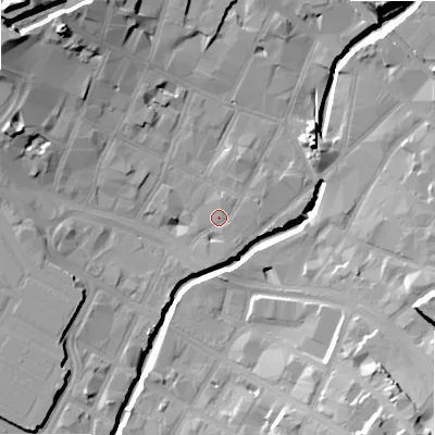 Shaded relief map of the ground around B55TL, computed from Environment Agency LiDAR. The ground here sits at about 103 m above sea level and falls 32 m across the surrounding 800 m. Surface water reaching this point runs off ground lying to the south-east, 0.6 m higher.