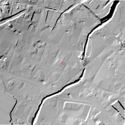 Shaded relief map of the ground around B55TP, computed from Environment Agency LiDAR. The ground here sits at about 103 m above sea level and falls 27 m across the surrounding 800 m. Surface water reaching this point runs off ground lying to the west, 1.5 m higher.