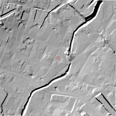 Shaded relief map of the ground around B55TR, computed from Environment Agency LiDAR. The ground here sits at about 102 m above sea level and falls 23 m across the surrounding 800 m. Surface water reaching this point runs off ground lying to the west, 1.8 m higher.