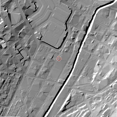 Shaded relief map of the ground around B56AH, computed from Environment Agency LiDAR. The ground here sits at about 104 m above sea level and falls 21 m across the surrounding 800 m. Surface water reaching this point runs off ground lying to the west, 1.6 m higher.