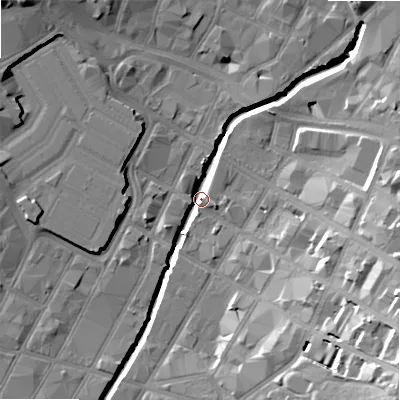 Shaded relief map of the ground around B56AY, computed from Environment Agency LiDAR. The ground here sits at about 102 m above sea level and falls 29 m across the surrounding 800 m. Surface water reaching this point runs off ground lying to the east-south-east, 20.6 m higher.