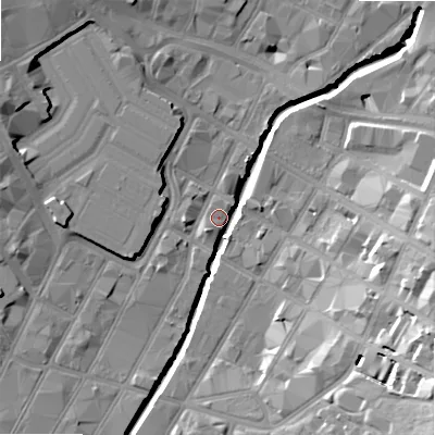 Shaded relief map of the ground around B56BB, computed from Environment Agency LiDAR. The ground here sits at about 103 m above sea level and falls 25 m across the surrounding 800 m. Surface water reaching this point runs off ground lying to the south-west, 6.0 m higher.