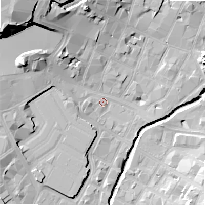 Shaded relief map of the ground around B56DA, computed from Environment Agency LiDAR. The ground here sits at about 104 m above sea level and falls 33 m across the surrounding 800 m. Surface water reaching this point runs off ground lying to the west-south-west, 3.5 m higher.