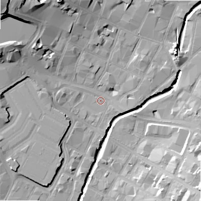 Shaded relief map of the ground around B56DH, computed from Environment Agency LiDAR. The ground here sits at about 103 m above sea level and falls 31 m across the surrounding 800 m. Surface water reaching this point runs off ground lying to the west, 6.0 m higher.