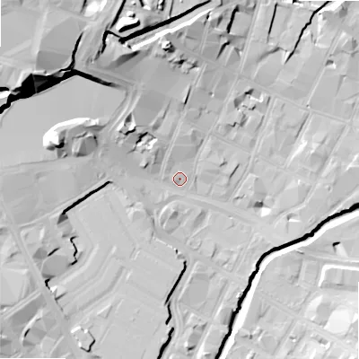 Shaded relief map of the ground around B56DT, computed from Environment Agency LiDAR. The ground here sits at about 104 m above sea level and falls 35 m across the surrounding 800 m. Surface water reaching this point runs off ground lying to the north-west, 28.5 m higher.