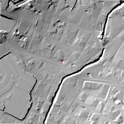 Shaded relief map of the ground around B56DY, computed from Environment Agency LiDAR. The ground here sits at about 101 m above sea level and falls 28 m across the surrounding 800 m. Surface water reaching this point runs off ground lying to the north-west, 23.8 m higher.