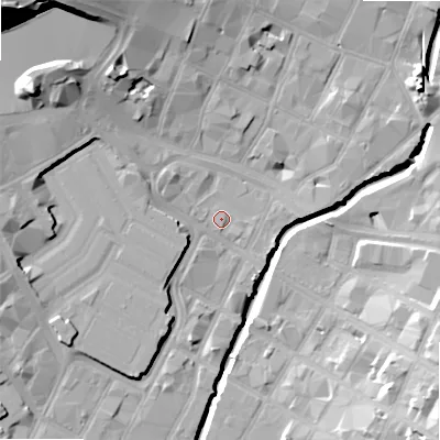 Shaded relief map of the ground around B56ET, computed from Environment Agency LiDAR. The ground here sits at about 104 m above sea level and falls 32 m across the surrounding 800 m. Surface water reaching this point runs off ground lying to the west-north-west, 3.8 m higher.