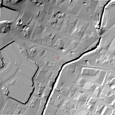 Shaded relief map of the ground around B56HA, computed from Environment Agency LiDAR. The ground here sits at about 103 m above sea level and falls 30 m across the surrounding 800 m. Surface water reaching this point runs off ground lying to the west-south-west, 3.7 m higher.