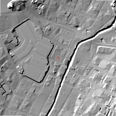 Shaded relief map of the ground around B56HT, computed from Environment Agency LiDAR. The ground here sits at about 103 m above sea level and falls 23 m across the surrounding 800 m. Surface water reaching this point runs off ground lying to the north-west, 17.4 m higher.