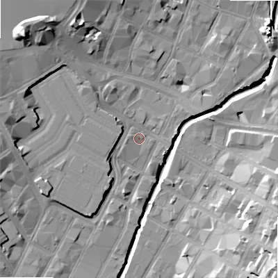 Shaded relief map of the ground around B56HX, computed from Environment Agency LiDAR. The ground here sits at about 104 m above sea level and falls 23 m across the surrounding 800 m. Surface water reaching this point runs off ground lying to the north-west, 16.8 m higher.