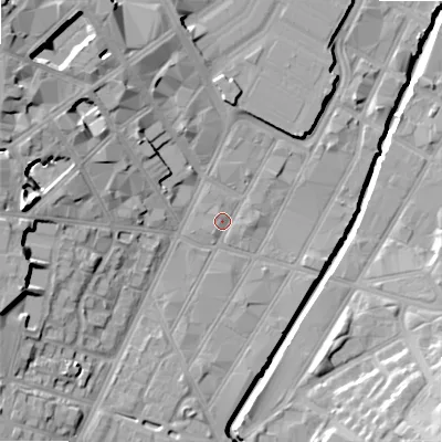 Shaded relief map of the ground around B56JL, computed from Environment Agency LiDAR. The ground here sits at about 106 m above sea level and falls 23 m across the surrounding 800 m. Surface water reaching this point runs off ground lying to the west-north-west, 8.2 m higher.
