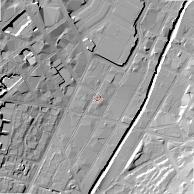 Shaded relief map of the ground around B56JP, computed from Environment Agency LiDAR. The ground here sits at about 105 m above sea level and falls 22 m across the surrounding 800 m. Surface water reaching this point runs off ground lying to the west-north-west, 8.5 m higher.