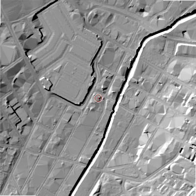 Shaded relief map of the ground around B56JX, computed from Environment Agency LiDAR. The ground here sits at about 104 m above sea level and falls 22 m across the surrounding 800 m. Surface water reaching this point runs off ground lying to the north-west, 10.4 m higher.