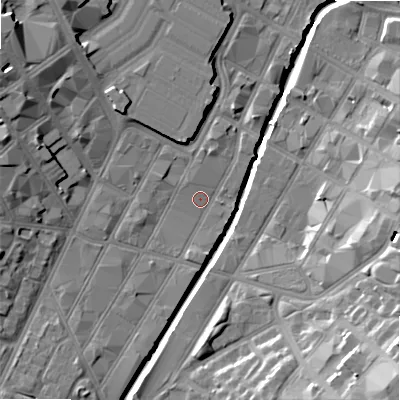 Shaded relief map of the ground around B56LB, computed from Environment Agency LiDAR. The ground here sits at about 104 m above sea level and falls 22 m across the surrounding 800 m. Surface water reaching this point runs off ground lying to the west-north-west, 10.8 m higher.