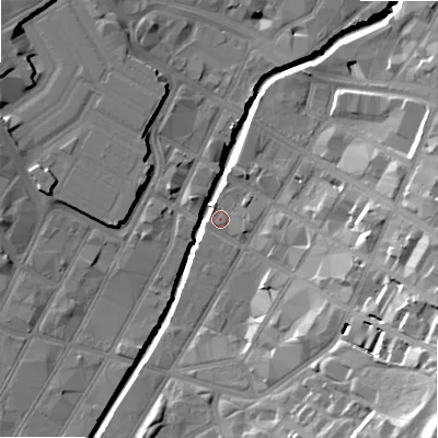 Shaded relief map of the ground around B56LE, computed from Environment Agency LiDAR. The ground here sits at about 104 m above sea level and falls 31 m across the surrounding 800 m. Surface water reaching this point runs off ground lying to the east-south-east, 22.3 m higher.