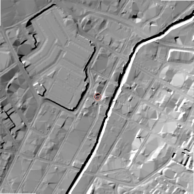 Shaded relief map of the ground around B56LG, computed from Environment Agency LiDAR. The ground here sits at about 103 m above sea level and falls 21 m across the surrounding 800 m. Surface water reaching this point runs off ground lying to the north-west, 10.0 m higher.