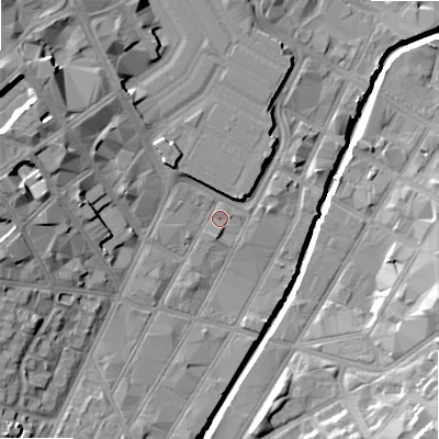 Shaded relief map of the ground around B56LT, computed from Environment Agency LiDAR. The ground here sits at about 105 m above sea level and falls 18 m across the surrounding 800 m. Surface water reaching this point runs off ground lying to the west-north-west, 1.1 m higher.