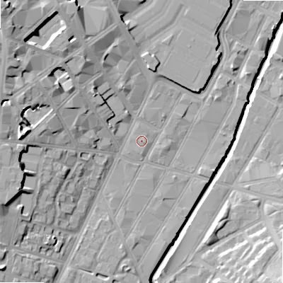 Shaded relief map of the ground around B56NB, computed from Environment Agency LiDAR. The ground here sits at about 106 m above sea level and falls 23 m across the surrounding 800 m. The ground contributing surface water to this point lies to the east.