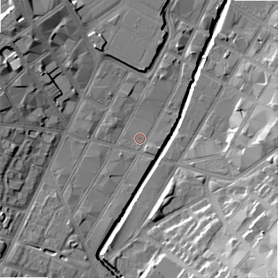 Shaded relief map of the ground around B56RL, computed from Environment Agency LiDAR. The ground here sits at about 104 m above sea level and falls 25 m across the surrounding 800 m. Surface water reaching this point runs off ground lying to the west-north-west, 9.2 m higher.
