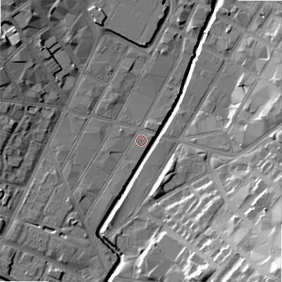 Shaded relief map of the ground around B56TG, computed from Environment Agency LiDAR. The ground here sits at about 105 m above sea level and falls 29 m across the surrounding 800 m. Surface water reaching this point runs off ground lying to the south-west, 3.5 m higher.
