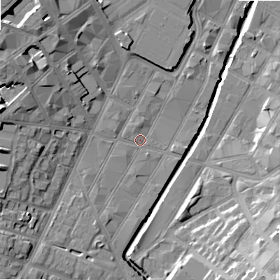 Shaded relief map of the ground around B56TN, computed from Environment Agency LiDAR. The ground here sits at about 105 m above sea level and falls 22 m across the surrounding 800 m. Surface water reaching this point runs off ground lying to the west-north-west, 14.1 m higher.