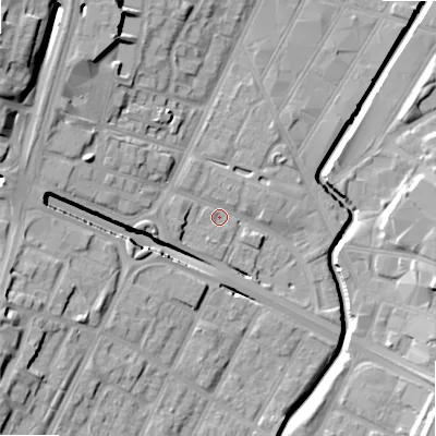 Shaded relief map of the ground around B57BT, computed from Environment Agency LiDAR. The ground here sits at about 107 m above sea level and falls 27 m across the surrounding 800 m. Surface water reaching this point runs off ground lying to the west, 3.8 m higher.