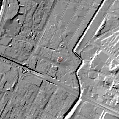 Shaded relief map of the ground around B57BU, computed from Environment Agency LiDAR. The ground here sits at about 108 m above sea level and falls 22 m across the surrounding 800 m. Surface water reaching this point runs off ground lying to the north-north-west, 0.8 m higher.