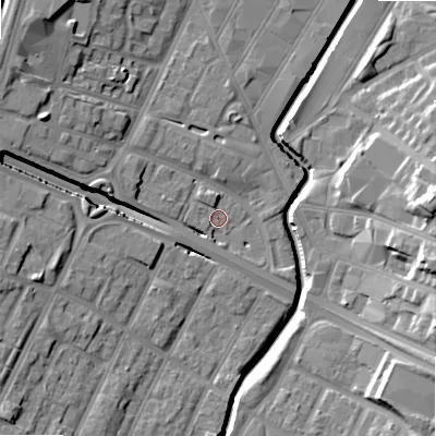 Shaded relief map of the ground around B57BX, computed from Environment Agency LiDAR. The ground here sits at about 106 m above sea level and falls 18 m across the surrounding 800 m. Surface water reaching this point runs off ground lying to the north-north-west, 1.9 m higher.
