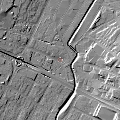 Shaded relief map of the ground around B57DA, computed from Environment Agency LiDAR. The ground here sits at about 106 m above sea level and falls 20 m across the surrounding 800 m. Surface water reaching this point runs off ground lying to the west, 6.8 m higher.