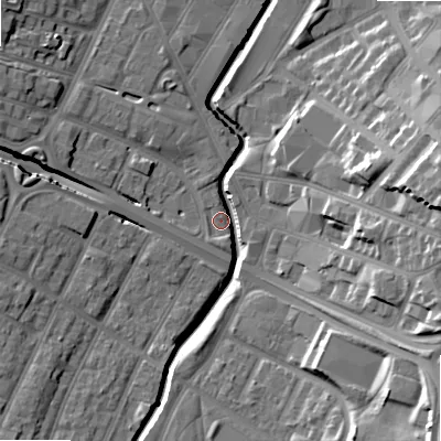 Shaded relief map of the ground around B57DP, computed from Environment Agency LiDAR. The ground here sits at about 106 m above sea level and falls 23 m across the surrounding 800 m. Surface water reaching this point runs off ground lying to the east, 21.8 m higher.