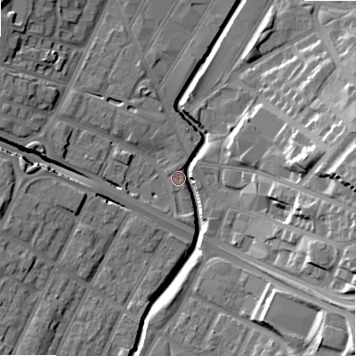 Shaded relief map of the ground around B57DR, computed from Environment Agency LiDAR. The ground here sits at about 106 m above sea level and falls 22 m across the surrounding 800 m. Surface water reaching this point runs off ground lying to the east, 21.0 m higher.