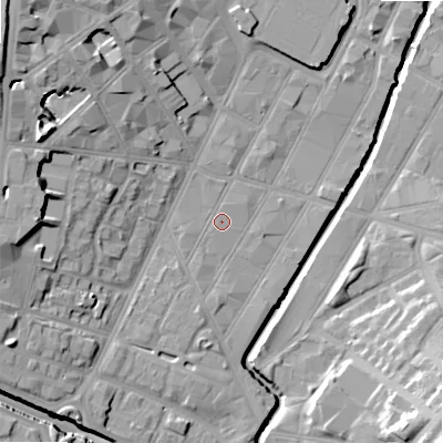 Shaded relief map of the ground around B57EJ, computed from Environment Agency LiDAR. The ground here sits at about 106 m above sea level and falls 22 m across the surrounding 800 m. Surface water reaching this point runs off ground lying to the south-west, 3.2 m higher.