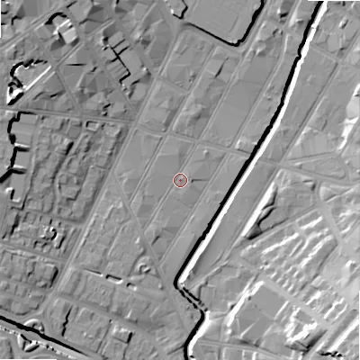 Shaded relief map of the ground around B57EP, computed from Environment Agency LiDAR. The ground here sits at about 105 m above sea level and falls 24 m across the surrounding 800 m. Surface water reaching this point runs off ground lying to the south-west, 1.8 m higher.